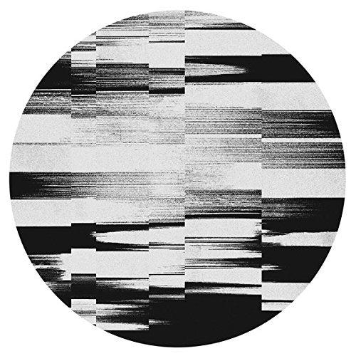 A black and white vinyl record with a glitch art design on a white background.