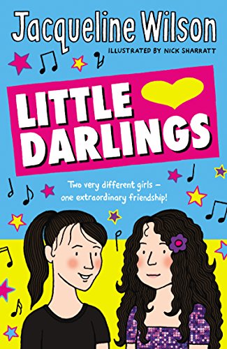 "Book cover of 'Little Darlings' featuring cartoon girls and colorful stars and music notes."