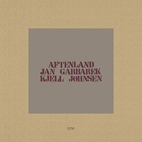 "Album cover with beige background, grey square, and red text, featuring 'Aftenland' by Jan Garbarek."