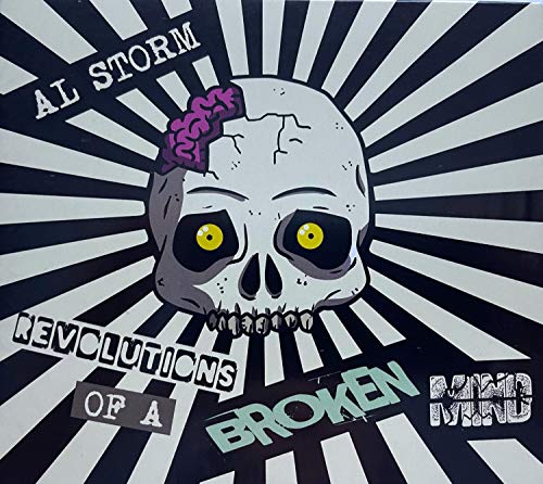 "Album cover featuring a skull with yellow eyes and purple brain against striped background."