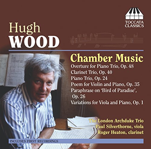 CD cover featuring Hugh Wood with sheet music, on brown background.