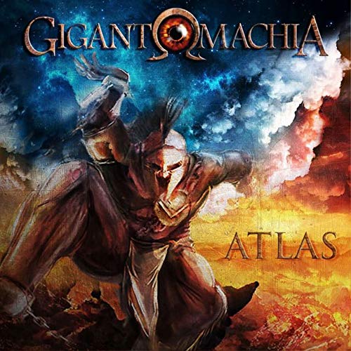 "Album cover art featuring a warrior kneeling, with 'Gigantomachia' and 'Atlas' text."