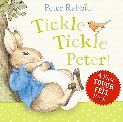 "Children's book cover featuring Peter Rabbit being tickled, with a bird above him."