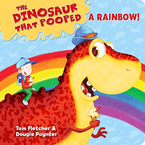 The image shows a children's book cover featuring a cartoon dinosaur and a rainbow.