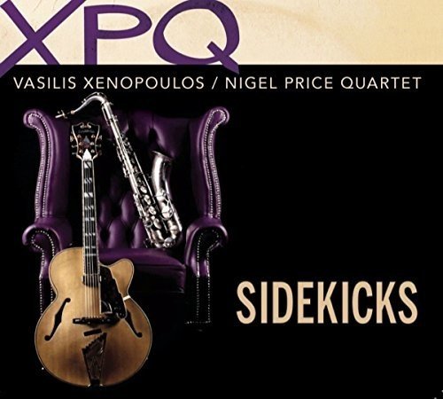 A guitar and saxophone rest on a purple armchair, against a black background.