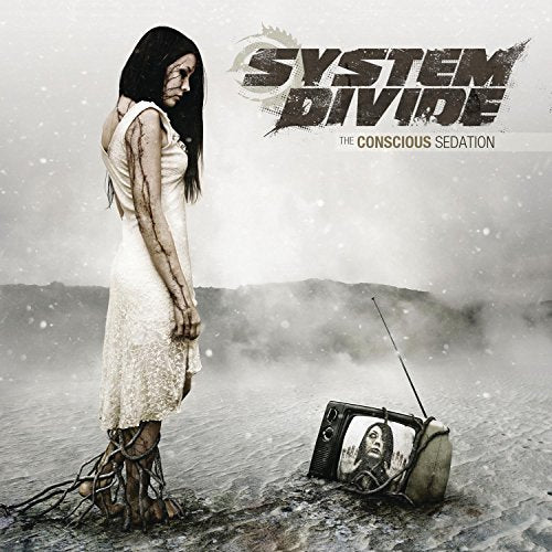 "Album cover art: woman in white dress with wires, standing near an old television."