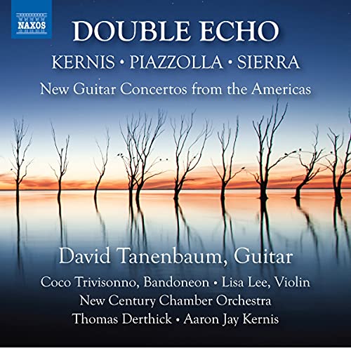 "CD cover with serene lake scene at dusk, featuring white text listing artists and composers."