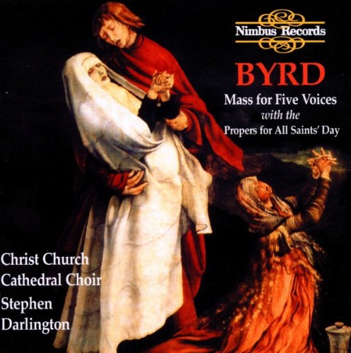 "CD cover art featuring a religious painting and text about Byrd's Mass for Five Voices."