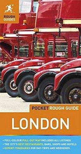 "Travel guide book cover featuring red trucks and 'London' in white text on orange background."