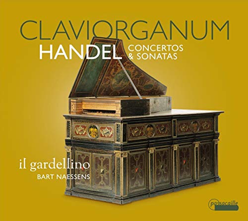 An ornate, black-and-gold clavichord on a yellow background with text overlay.