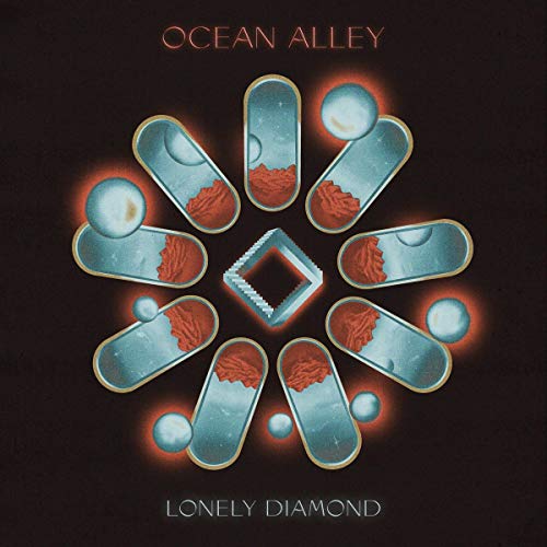 Album cover with blue capsules and red coral on a black background.