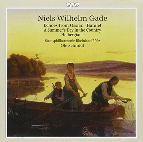 "CD cover featuring a painting of three people in a boat on a river."