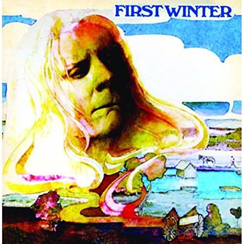 "Album cover art: surreal image of a man with flowing white hair, blue sky background."
