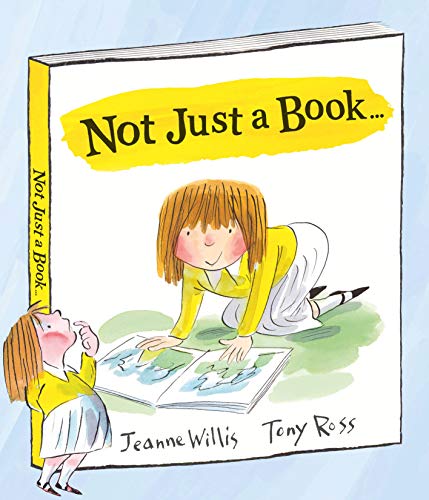 "Children's book cover with cartoon girl reading, another girl looking on, on a white background."