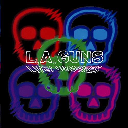 "Album cover with four colorful skulls and 'L.A. Guns Live Vampires' text on black background."