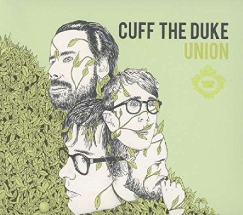 "Album cover with three men's faces surrounded by leaves on a green background."