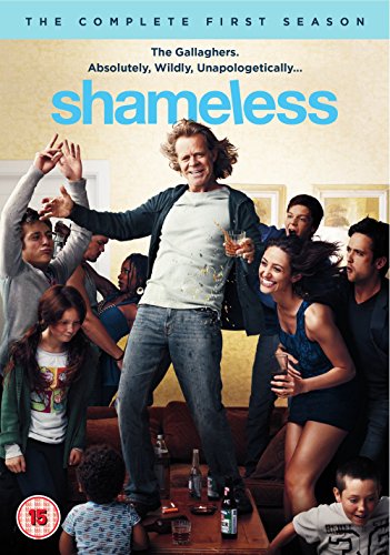 "DVD cover for 'Shameless Season 1' showing a man dancing with a group."