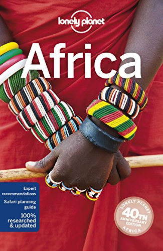 "Book cover with 'Africa' title, person in red with colorful bracelets, and 'Lonely Planet' logo."