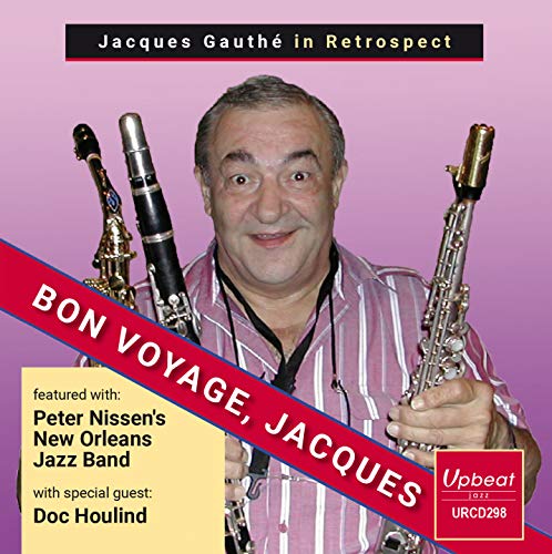 "CD cover featuring a man holding three clarinets, with text overlay and pink background."