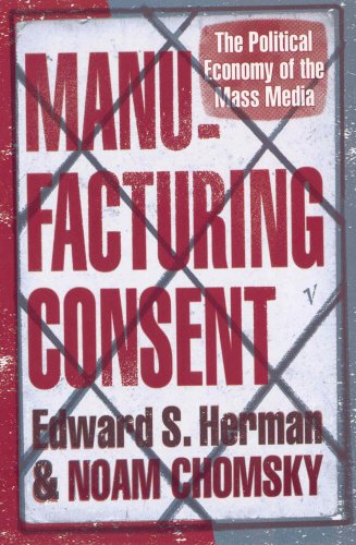 "Book cover with 'Manufacturing Consent' in red on a white background, with crisscrossed bars."