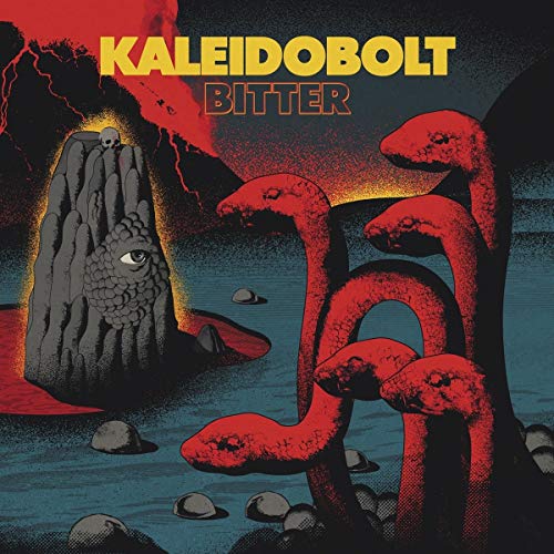 Album cover art featuring a rock formation and red tentacles in a body of water.
