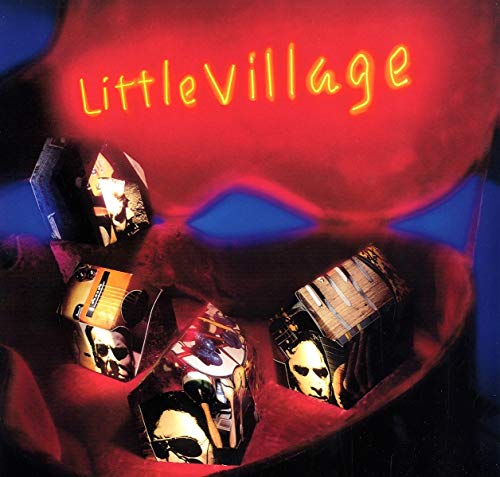Red mouth with yellow text "Little Village" and four guitar cases with skulls inside.