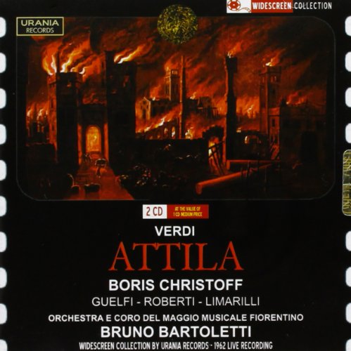 "CD cover art: burning cityscape with 'Verdi Attila' and artist names on black background."