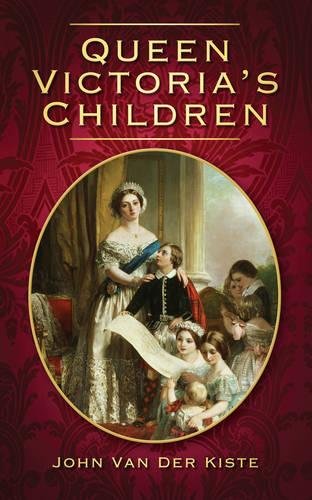 "Book cover with Queen Victoria and children portrait on red ornate background."