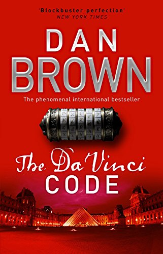 "Book cover of 'The Da Vinci Code' by Dan Brown, red background, Louvre at night."