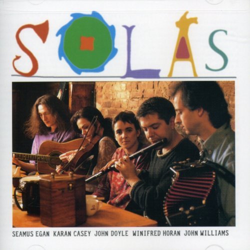 The image shows a CD cover with a band playing instruments. Alt text: "CD cover with 'Solas' title and musicians playing instruments together."