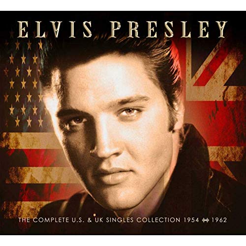 Elvis Presley's face on a US and UK flag background, with title text above.