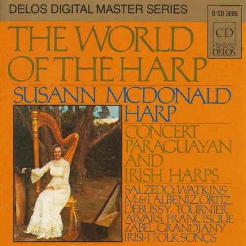 "CD cover featuring a woman in white dress playing a harp outdoors."