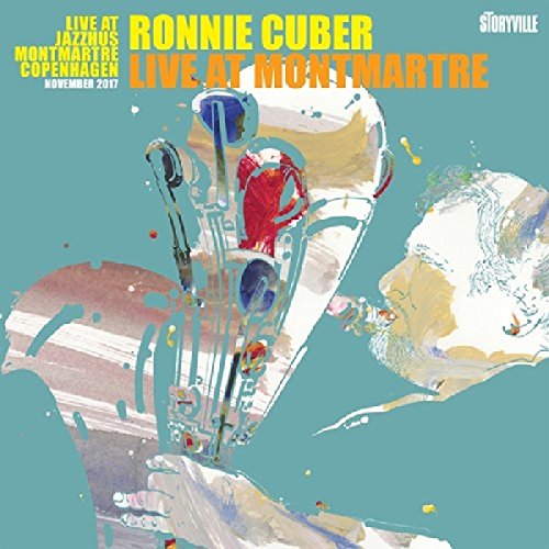 "Album cover with abstract saxophone illustration and Ronnie Cuber's name on teal background."