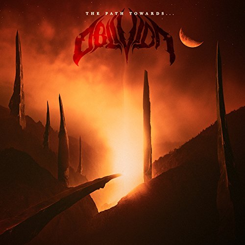 "Album cover art with dark, jagged landscape and orange, glowing sky."