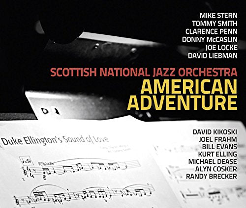 "CD cover with sheet music and text 'Scottish National Jazz Orchestra American Adventure'."
