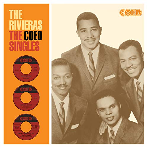 "Album cover featuring four men in suits and three vinyl records on orange background."