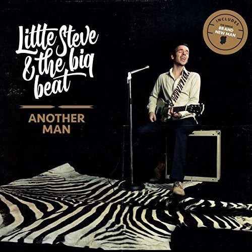 "Album cover: man sitting on amp, playing guitar, zebra-print rug, black background."