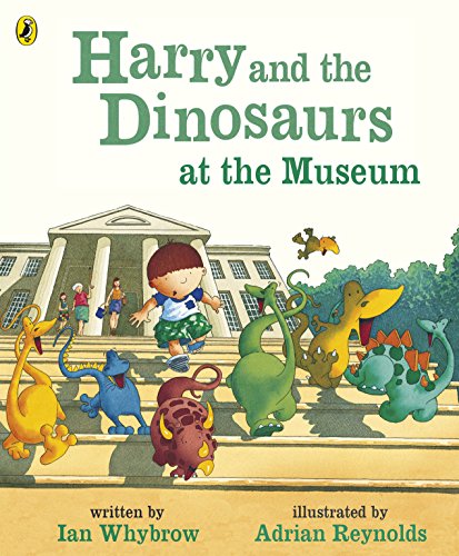 "Children's book cover featuring a boy and dinosaurs outside a museum building."