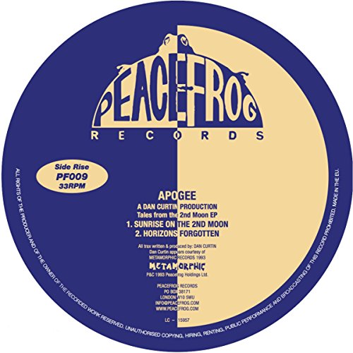 "Blue and beige vinyl record label with 'Peacefrog Records' logo and track listings."