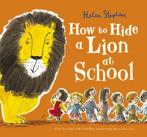 "Children's book cover featuring a lion and children on an orange background."