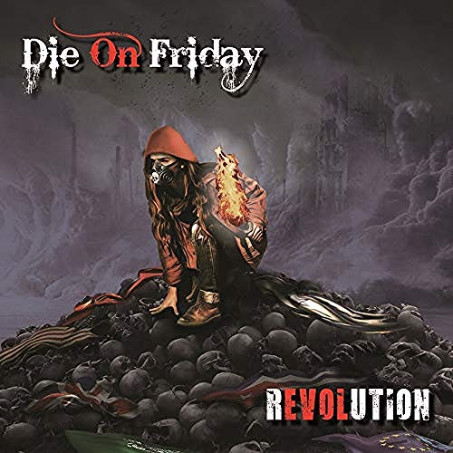 "Album cover with a person in a red hood on a pile of skulls."