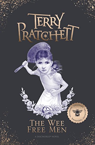"The Wee Free Men" book cover featuring a girl with a frying pan, dark grey background.