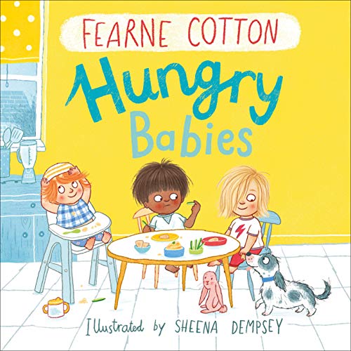 "Children's book cover showing three babies eating at a table with a dog."