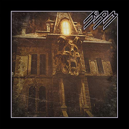 "Vinyl record cover featuring a haunted mansion with a skull entrance, surrounded by darkness."