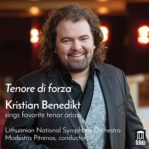 A man with curly hair and a black jacket smiles at the camera, with text overlay describing a classical music album.