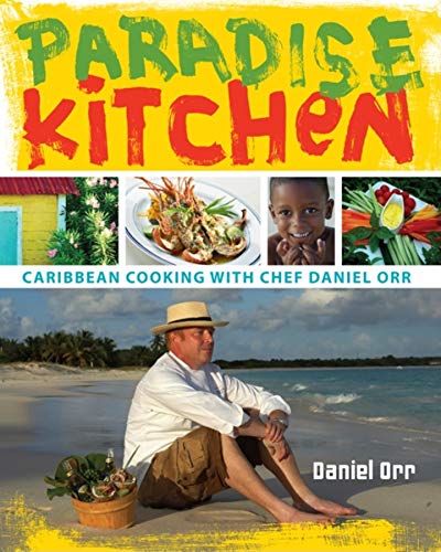 The image is a cookbook cover featuring a man on a beach. "Cookbook cover with man sitting on beach, title 'Paradise Kitchen' and images of Caribbean food."