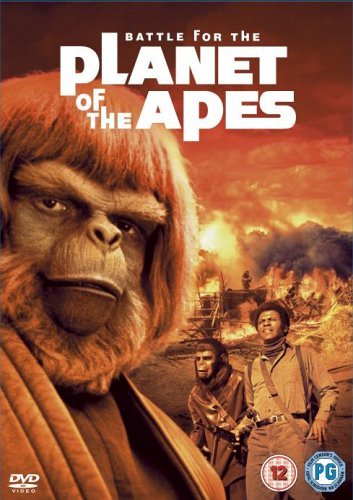 DVD cover featuring an ape and humans amidst a war-torn landscape with burning buildings.