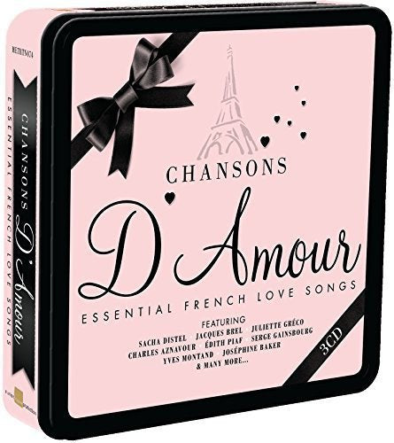"Pink CD cover with Eiffel Tower, hearts, and black ribbon, featuring 'Chansons D'Amour' title."
