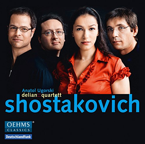 CD cover featuring four musicians with "shostakovich" in large blue text on a black background.