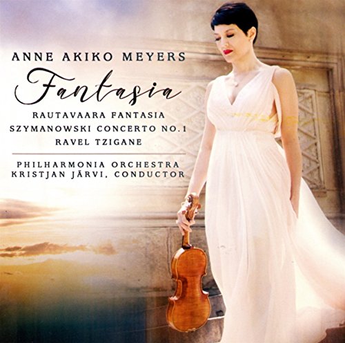 Woman in white dress holding violin on classical music CD cover with text.
